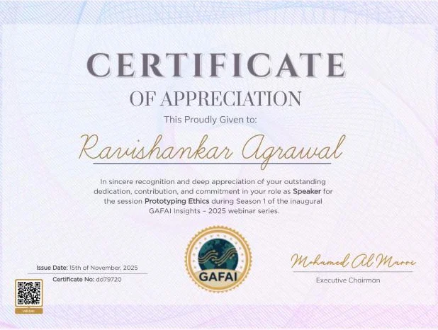 GAFAI certificate of appreciation to Ravishankar Agrawal as speaker for the Prototyping Ethics session